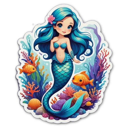 A blue mermaid sticker with fish on it is on a black background.