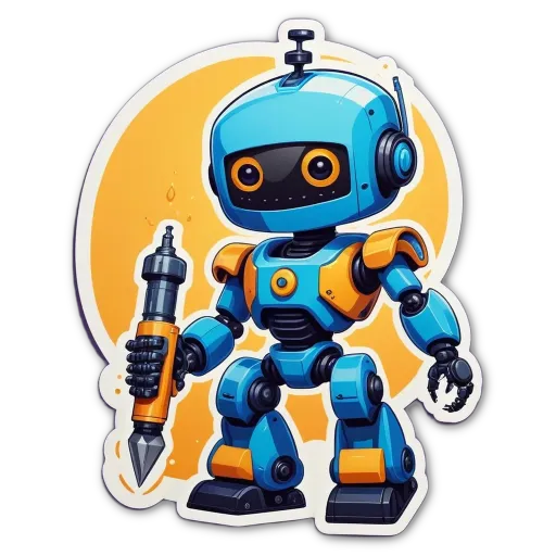 A blue robot with a orange and yellow arm holding a paintbrush.