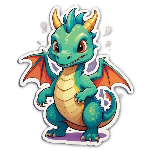 A green dragon with yellow legs and orange wings standing on a black background.
