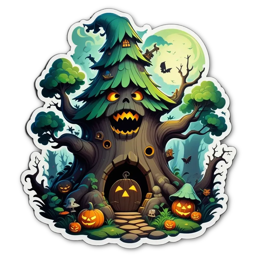 A Halloween sticker of a tree house with pumpkins.