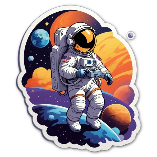 A cartoon of a man in space who is holding a camera.