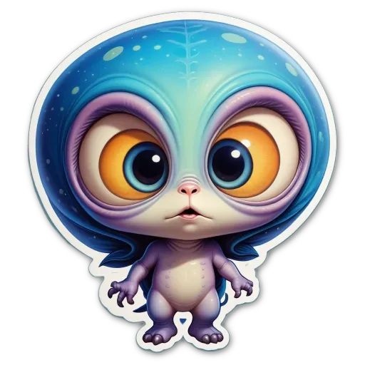 A sticker of a alien with blue eyes and a pink nose.