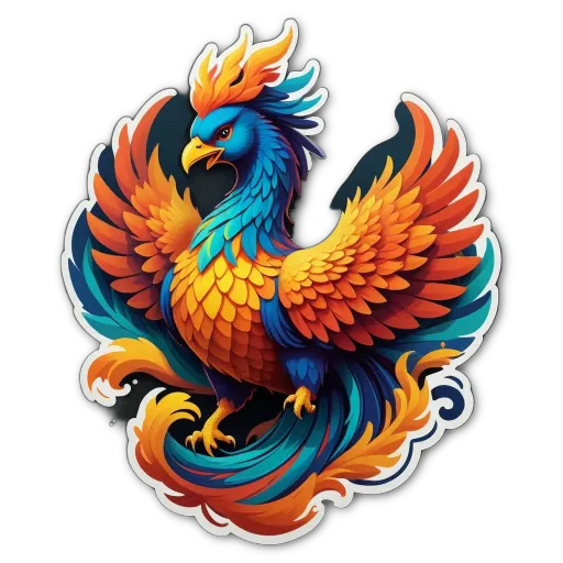 A colorful bird with a phoenix logo on its chest.