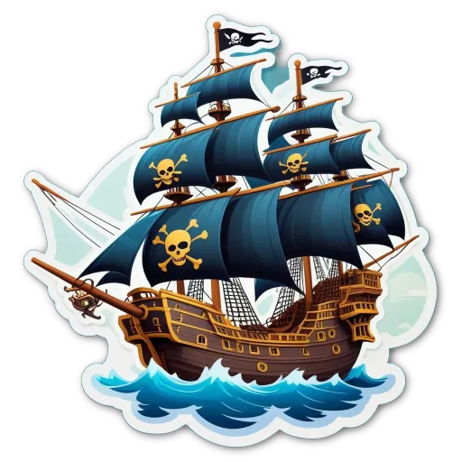 a cartoon ship withPirates on it.