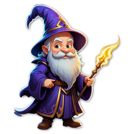 A cartoon drawing of a wizard with a staff.