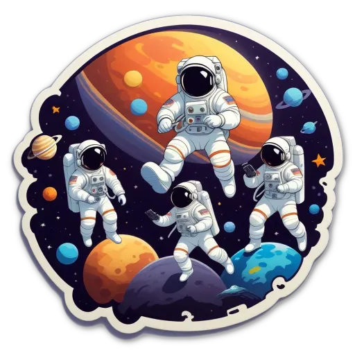 Three men in space, one is jumping, the other is landing and the last one is floating.