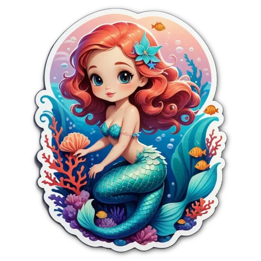 A cartoon image of a little mermaid with a shell on her head.