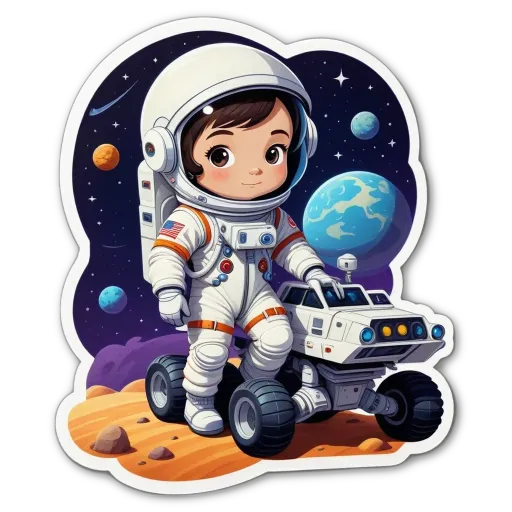 A space scene with a character on a rover.
