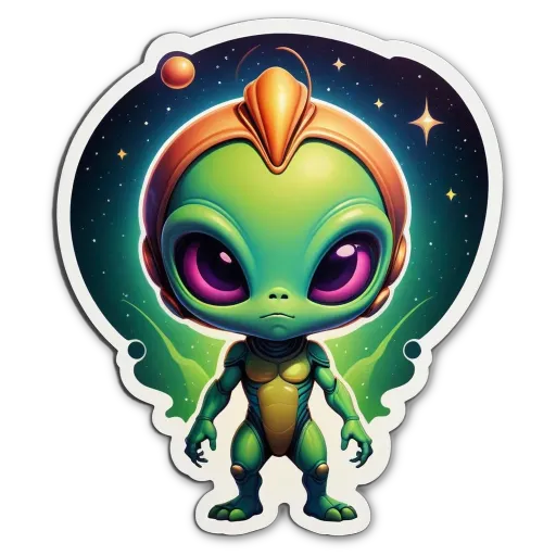 A green alien sticker in space with stars and planets.