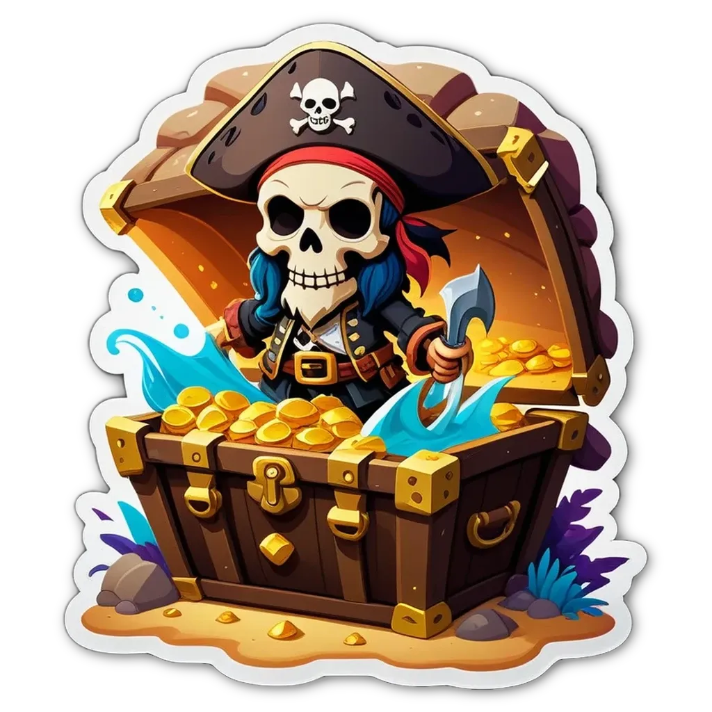A skull in a pirate costume holding a sword and gold coins.