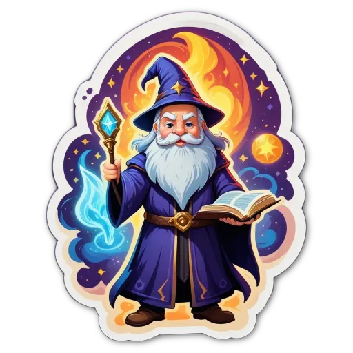 A cartoon drawing of a wizard with a staff and a book.