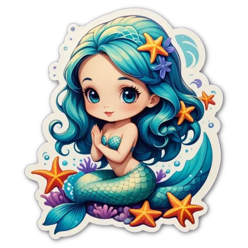 A sticker of a mermaid sitting on some seashells.