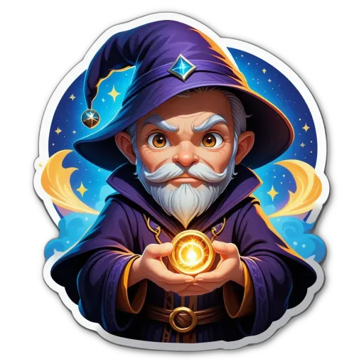 A cartoon of a wizard that has a golden coin in his hand.