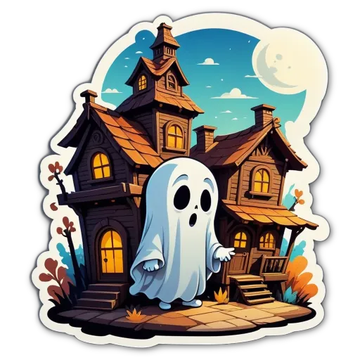 A ghost in a house in a Halloween setting.