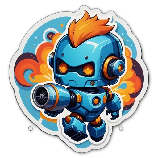 A blue robot with red hair is in front of a explode box.