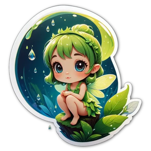 A green fairy sitting on a rock with a leaf in her hair.