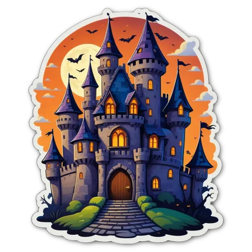 A castle with a door and windows that are lit up.