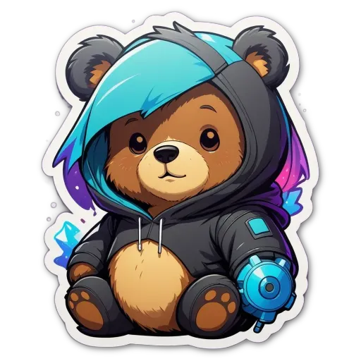 A teddy bear wearing a black jacket and blue hair is sitting on a black background.