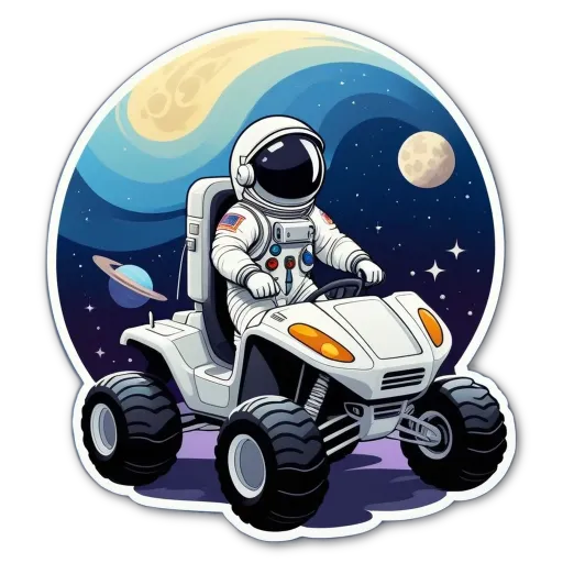 A spacesuit driver on a four wheeler in space.