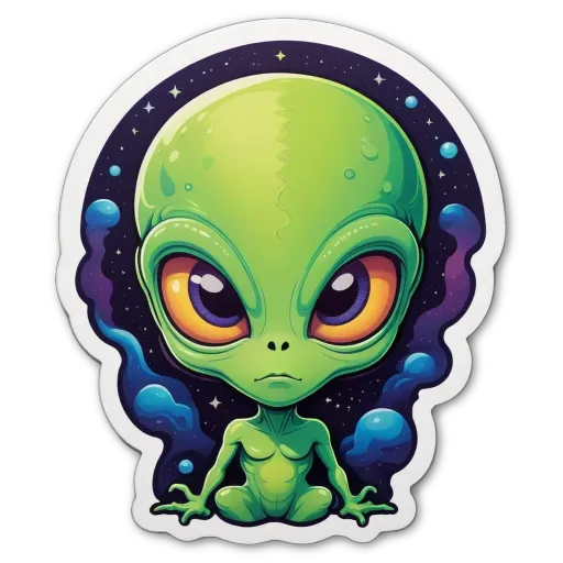 A green alien with big eyes and a scary face.