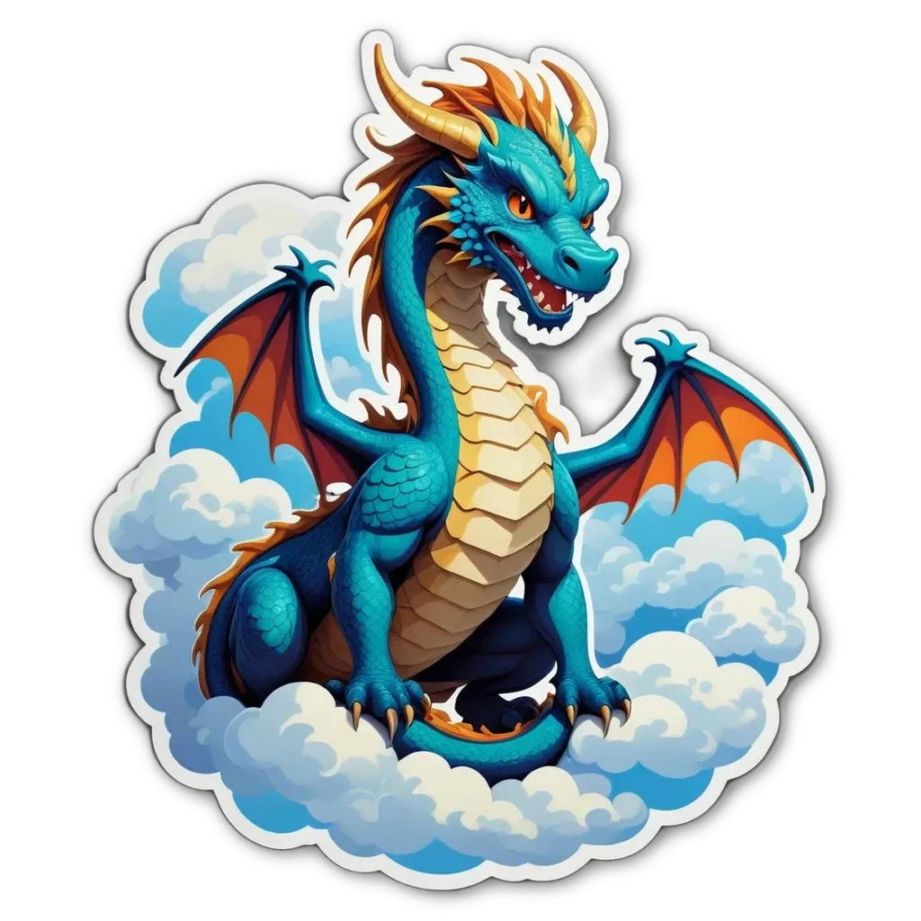 A blue and orange dragon sitting in the clouds.