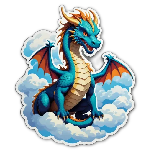 A blue and orange dragon sitting in the clouds.