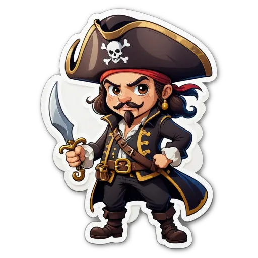 A cartoon depiction of a pirate holding a sword.