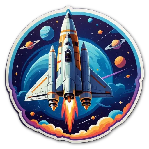 A space shuttle is flying through a rocket ship and past planets.