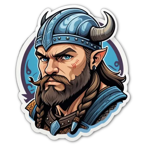 A cartoon depiction of a viking warrior with a braid in his hair.
