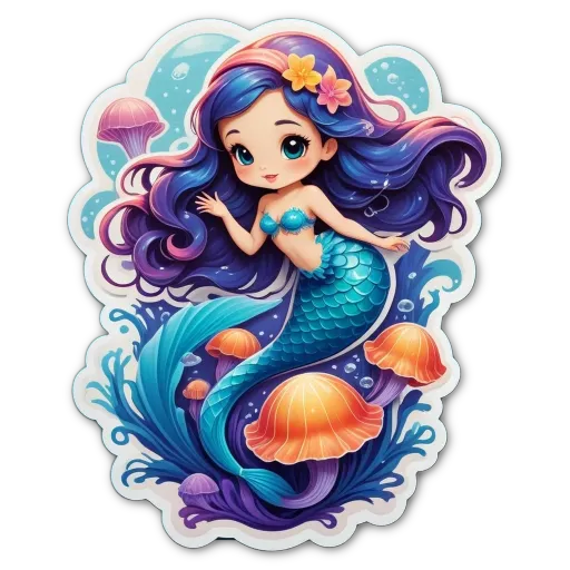 A sticker of a mermaid with mushrooms and flowers.