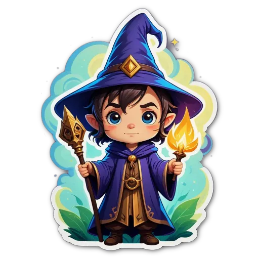 A cartoon of a boy that is a witch and holding a magic staff.