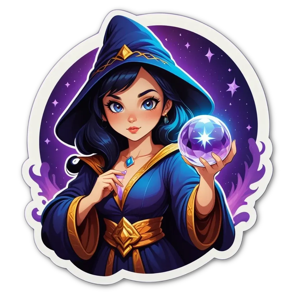A woman is holding a crystal ball and wearing a blue robe.