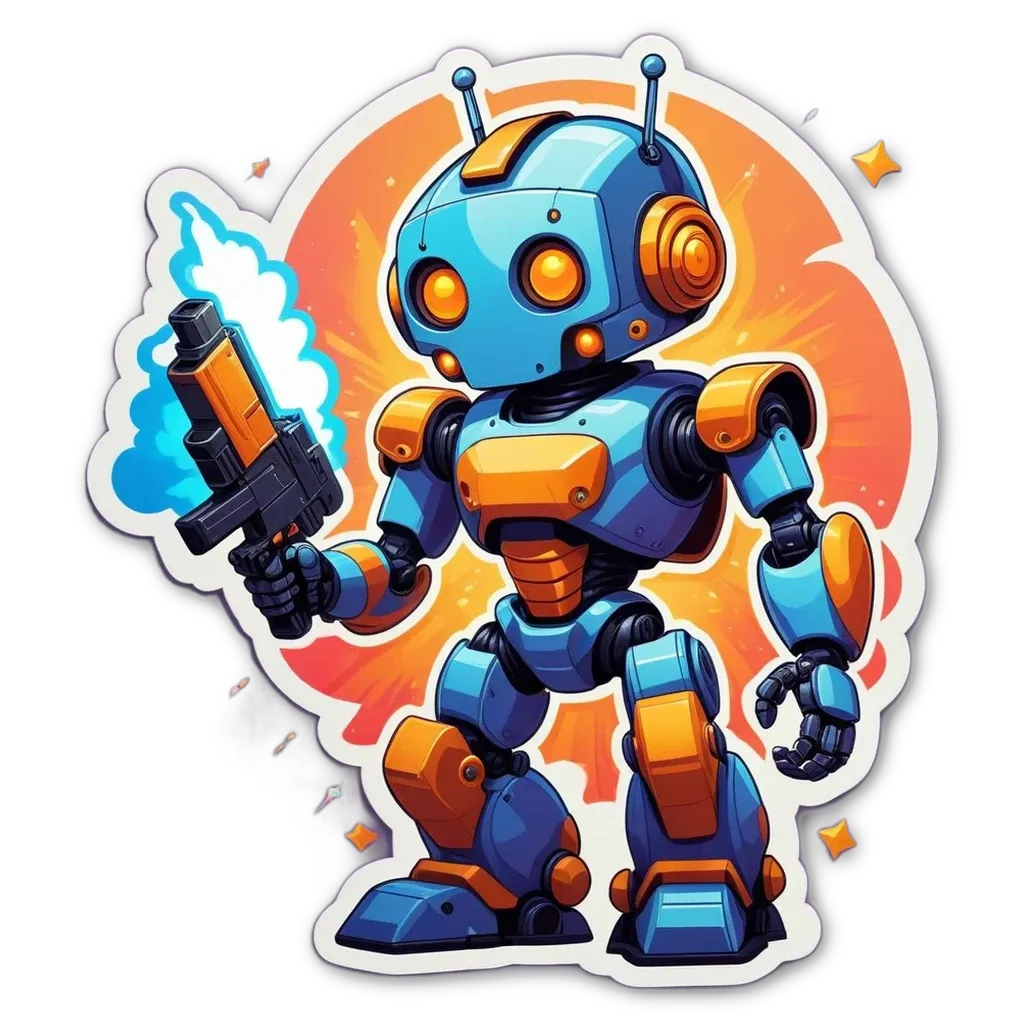 A blue and orange robot holding a gun.