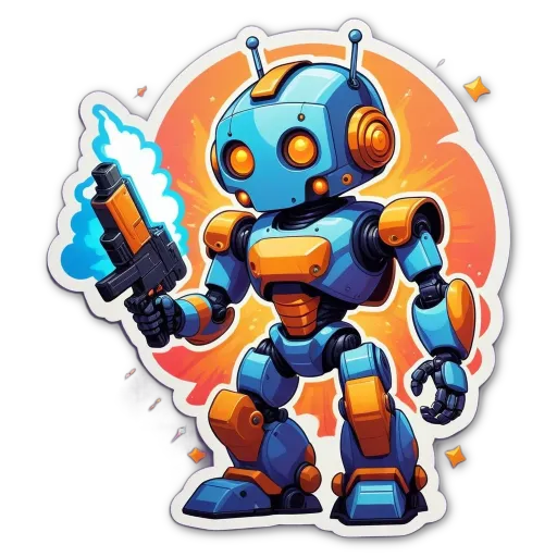 A blue and orange robot holding a gun.