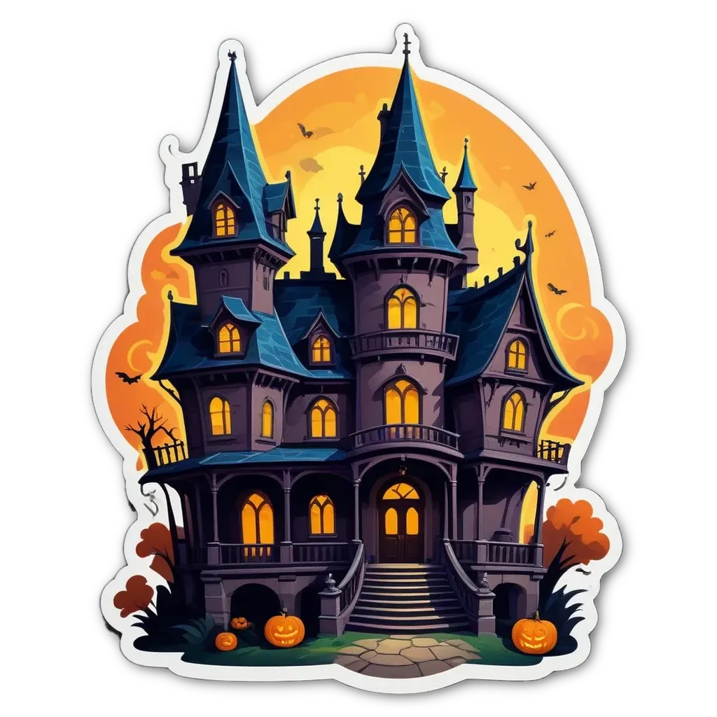 A sticker of a house with a pumpkin in front is on a black background.