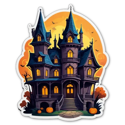 A sticker of a house with a pumpkin in front is on a black background.
