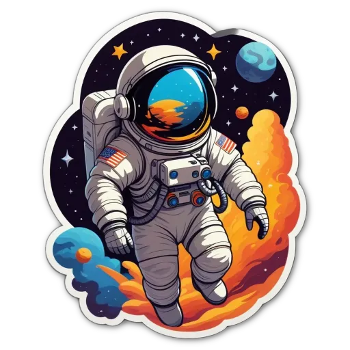 A space scene with an American flag and a man in a spacesuit.