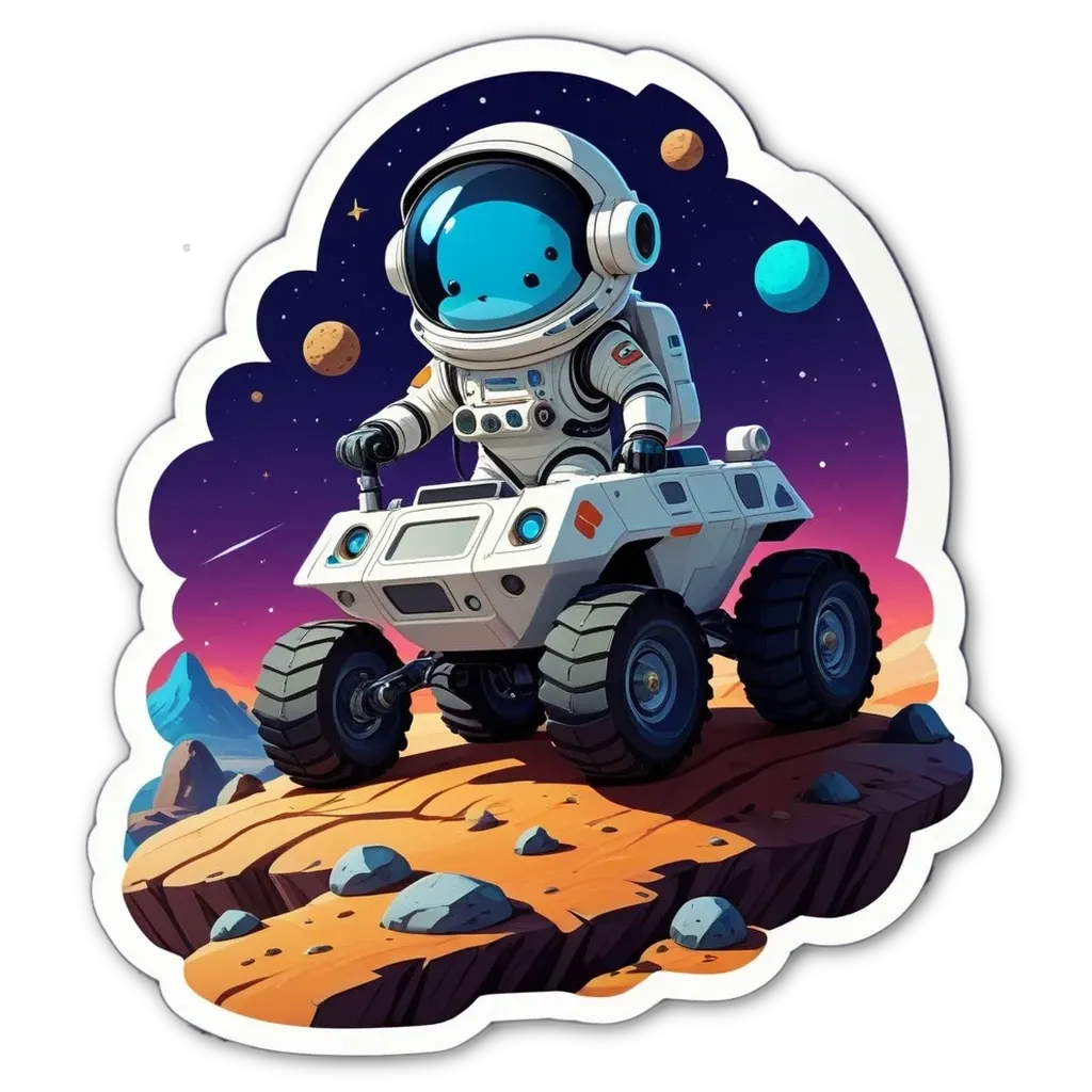 A space man in a white atm with a four wheeler.