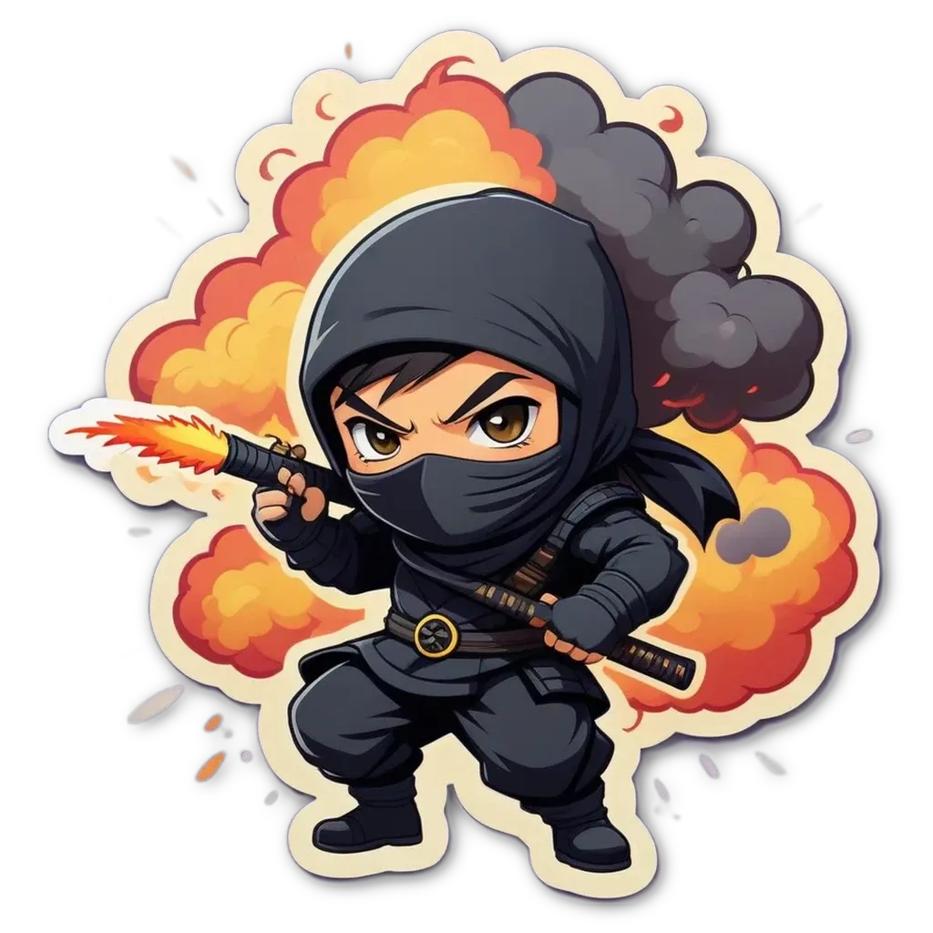 A cartoon image of a ninja with a sword holding a fire extinguisher.