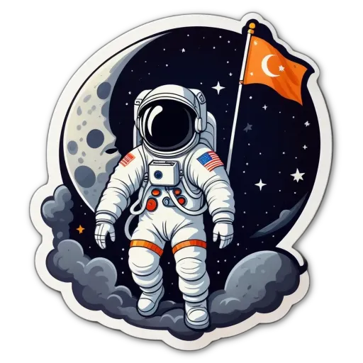 A cartoon depiction of an American astronaut in space with a flag at the end of his tether.