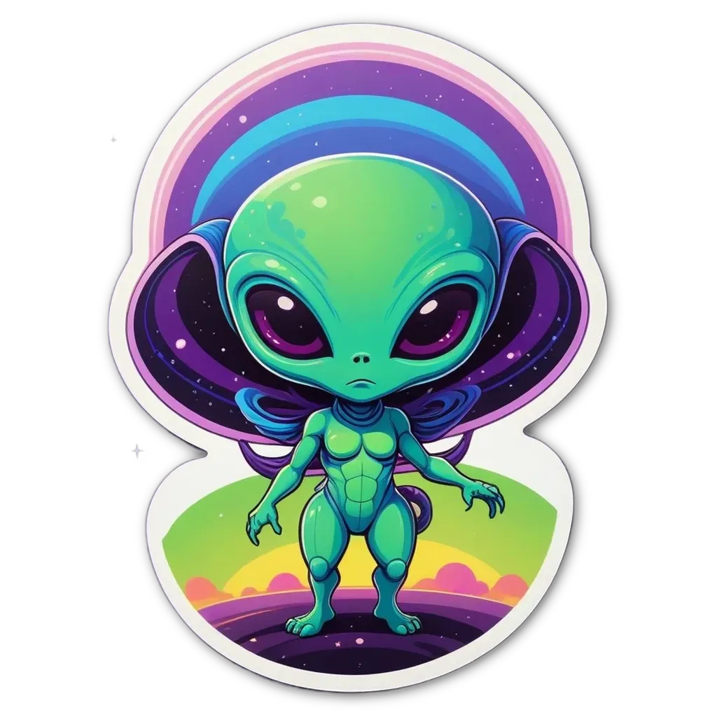 A sticker of an alien that is green and blue.