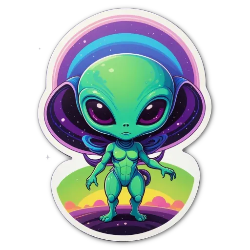 A sticker of an alien that is green and blue.