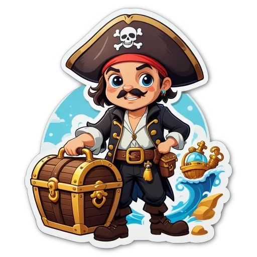 A boy pirate that is wearing a hat and carrying a chest.