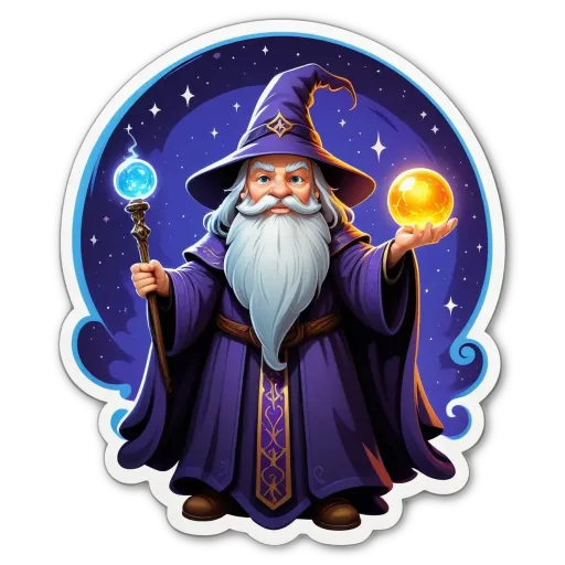 A cartoon of a wizard with two balls holding a wand.