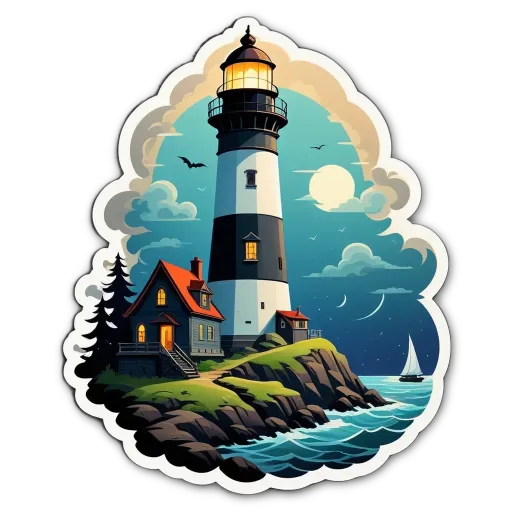 A sticker of a lighthouse on a black background.