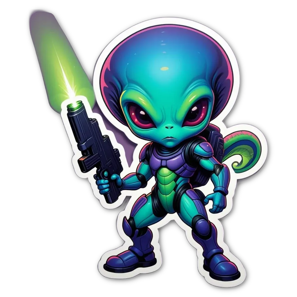A cartoon alien with a gun that is blue and green.