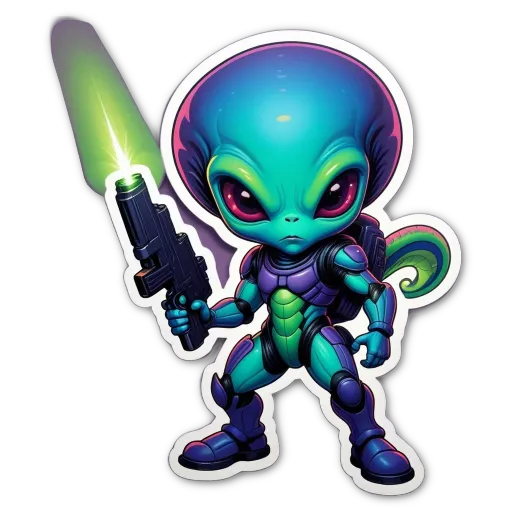 A cartoon alien with a gun that is blue and green.