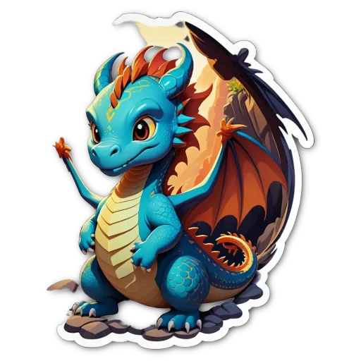 A blue dragon with yellow wings is sitting on a rock.