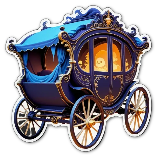 A blue horse-drawn carriage with a skull in the window.