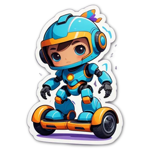 a boy in blue and orange robot riding a device.